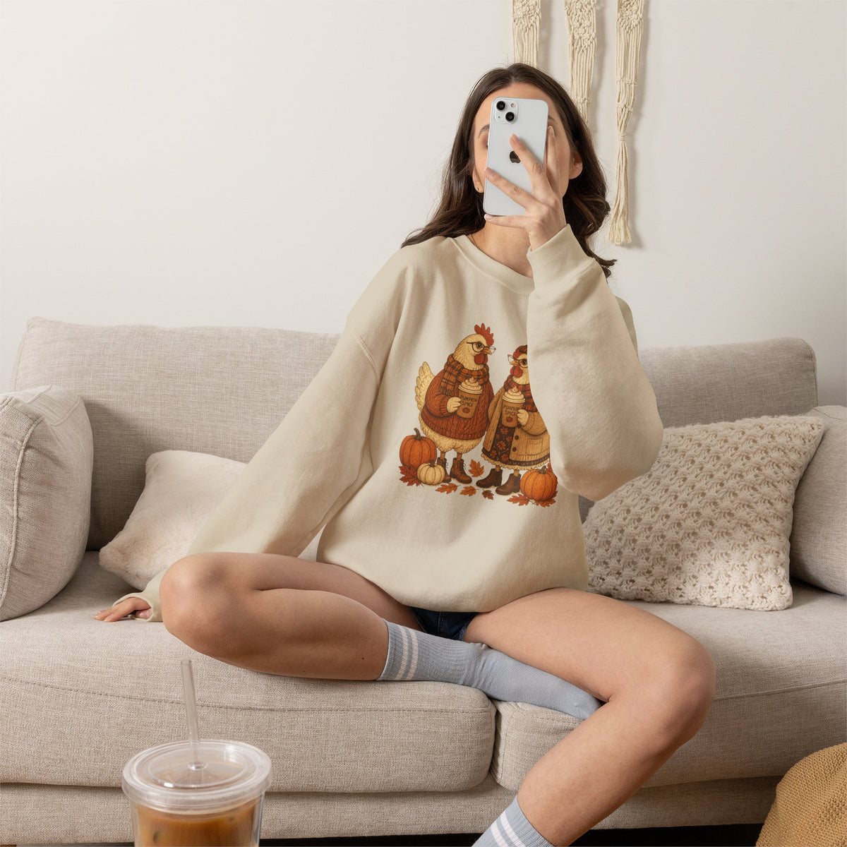 Autumn Chickens Crewneck Sweatshirt — Cozy Fall Pumpkin & Leaves Design