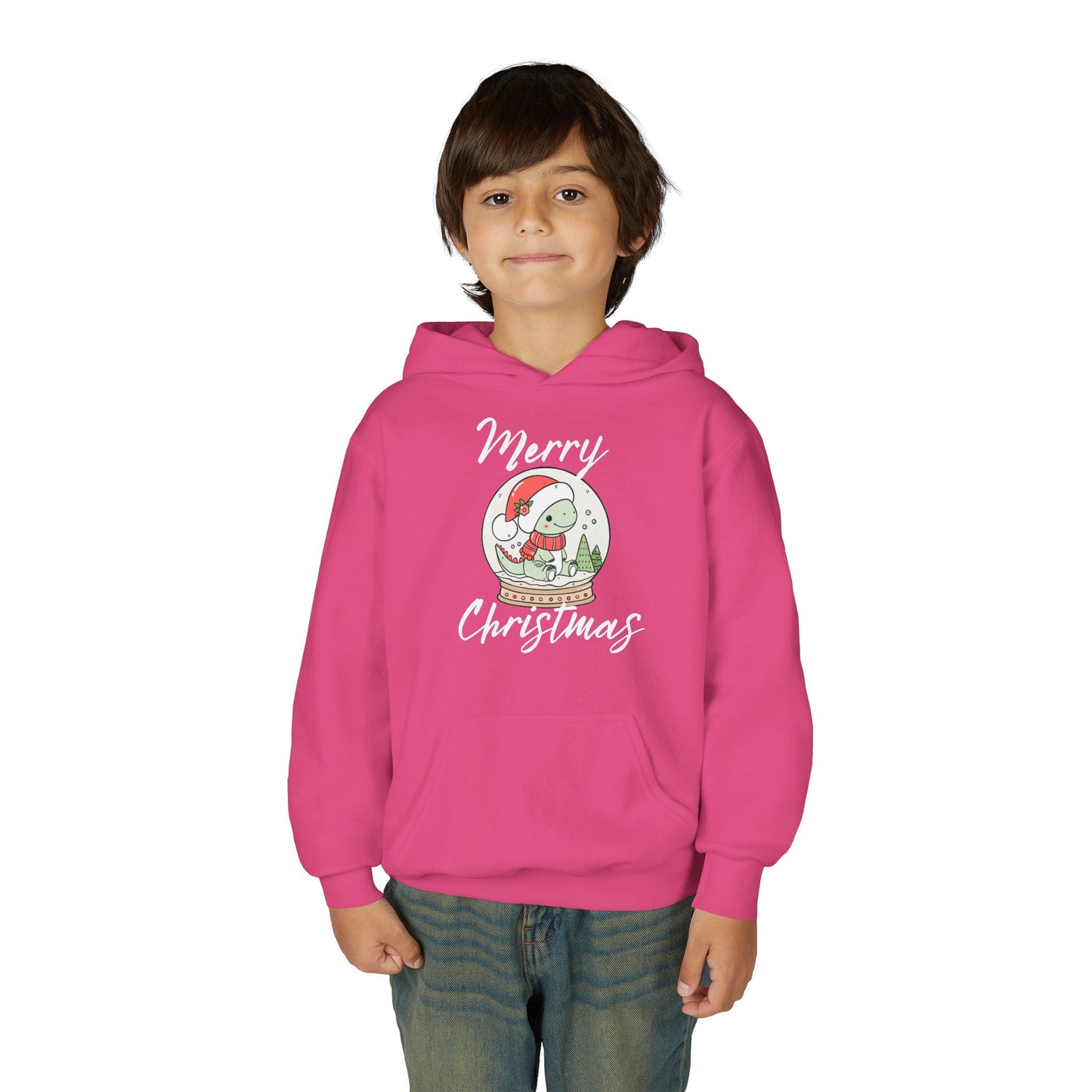 Youth Christmas Hoodie — Merry Christmas Snow Globe Dinosaur Design