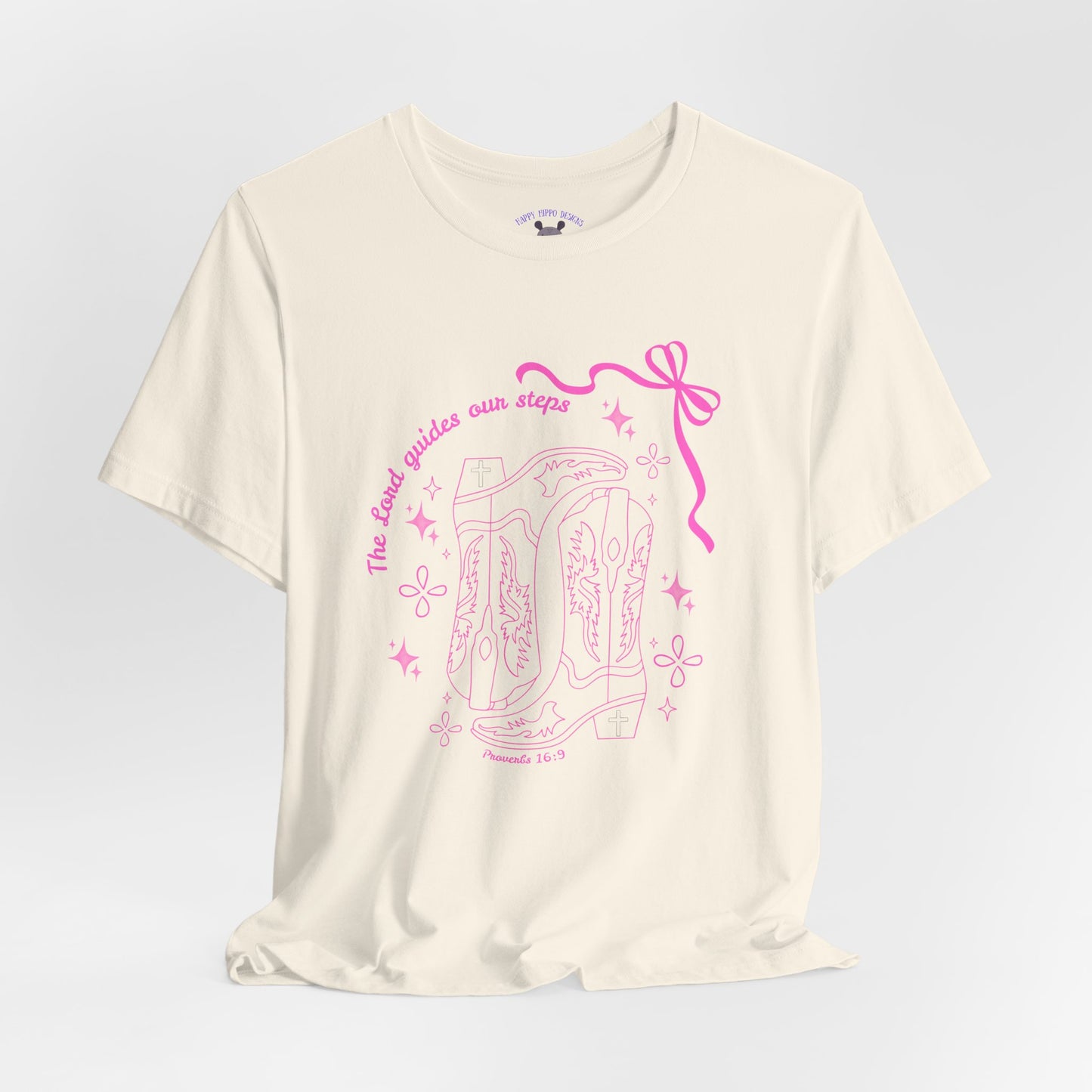 Cute Pink Ribbon Cowgirl Boot T-Shirt — "The Lord Guides Our Steps"