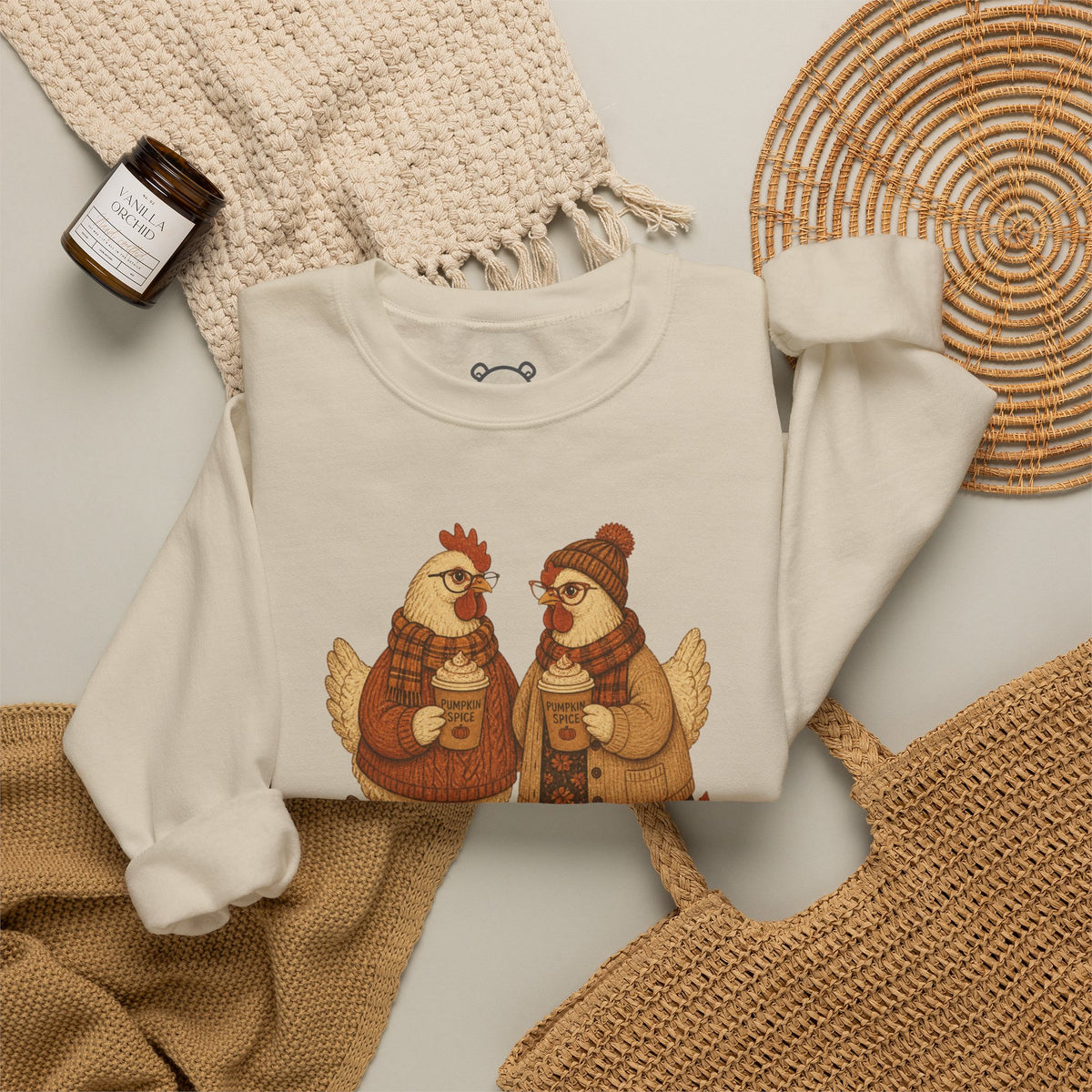 Autumn Chickens Crewneck Sweatshirt — Cozy Fall Pumpkin & Leaves Design