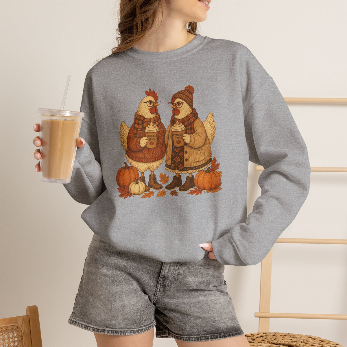 Autumn Chickens Crewneck Sweatshirt — Cozy Fall Pumpkin & Leaves Design