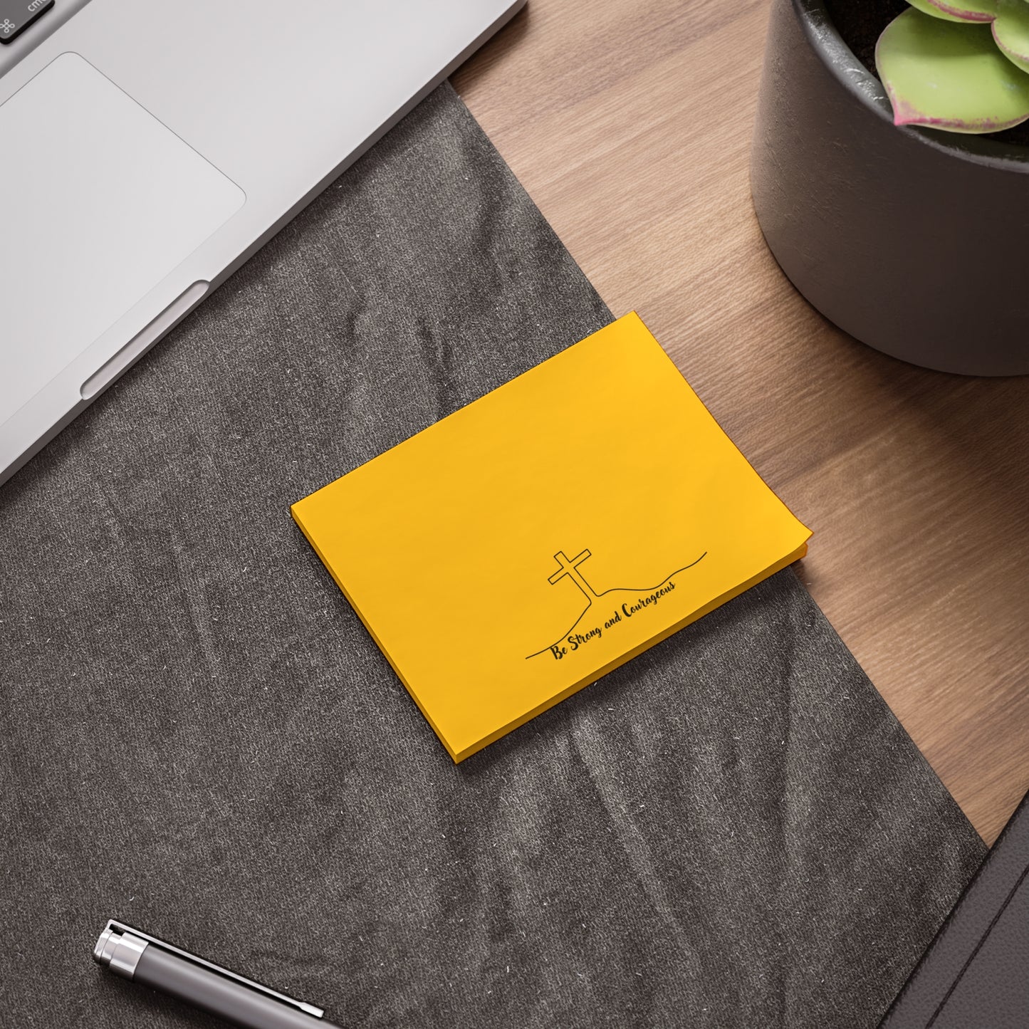 Faith Cross Post-it Notes — "Be Strong and Courageous" Yellow Sticky Pads