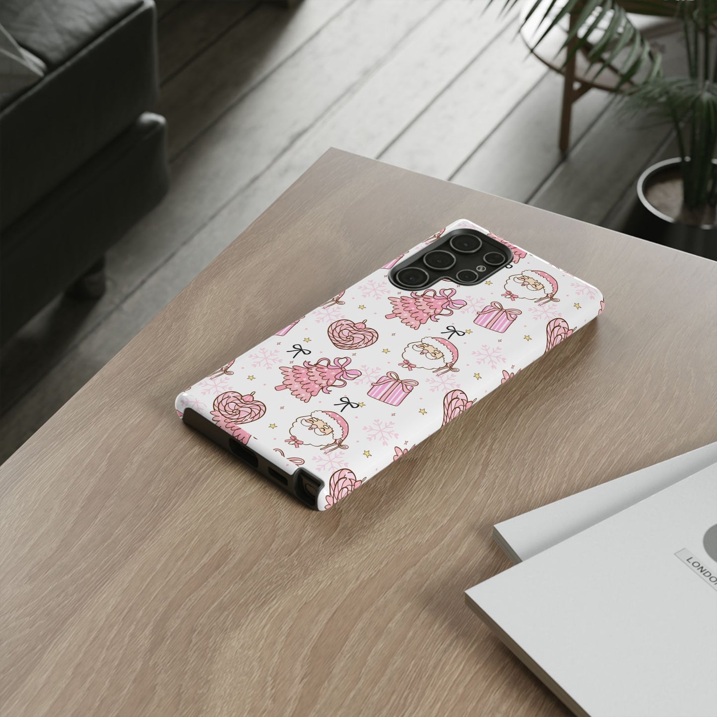 Christmas Pink Pattern Phone Case - Cute Santa, Tree & Gift Protective Cover
