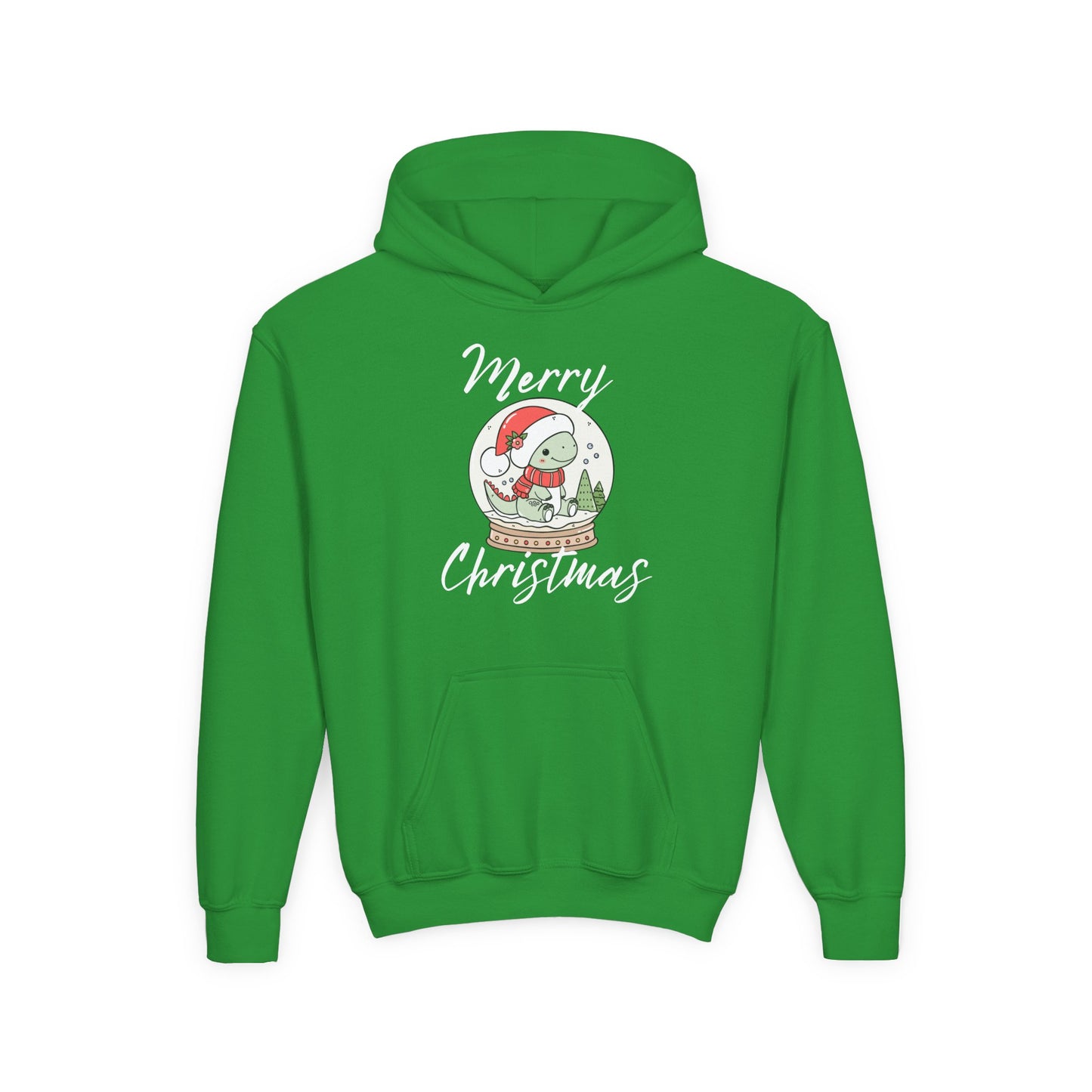Youth Christmas Hoodie — Merry Christmas Snow Globe Dinosaur Design