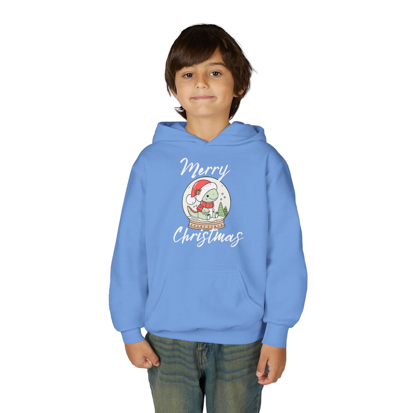 Youth Christmas Hoodie — Merry Christmas Snow Globe Dinosaur Design