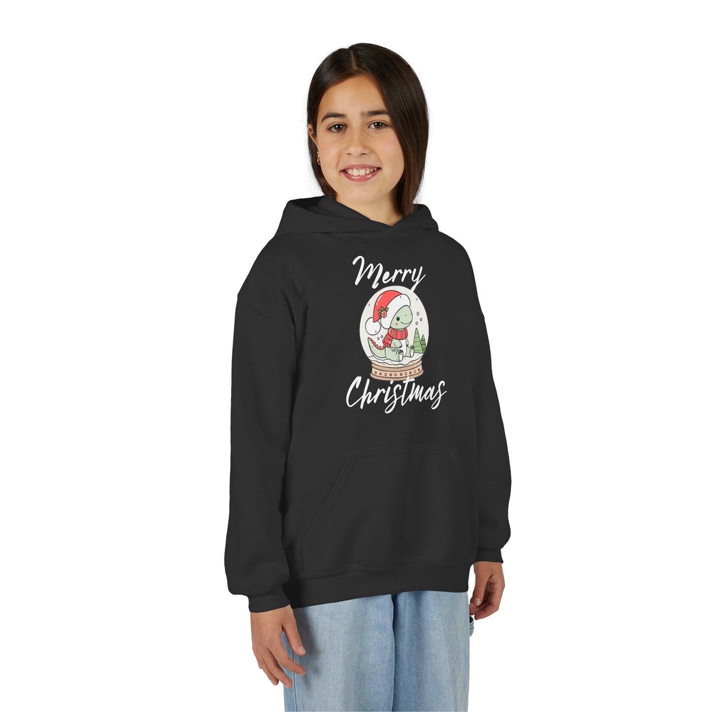 Youth Christmas Hoodie — Merry Christmas Snow Globe Dinosaur Design