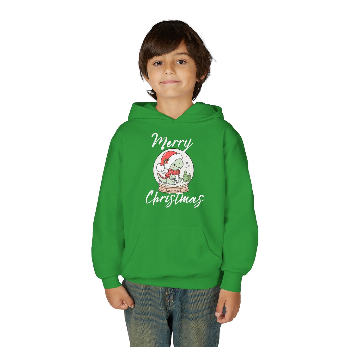 Youth Christmas Hoodie — Merry Christmas Snow Globe Dinosaur Design