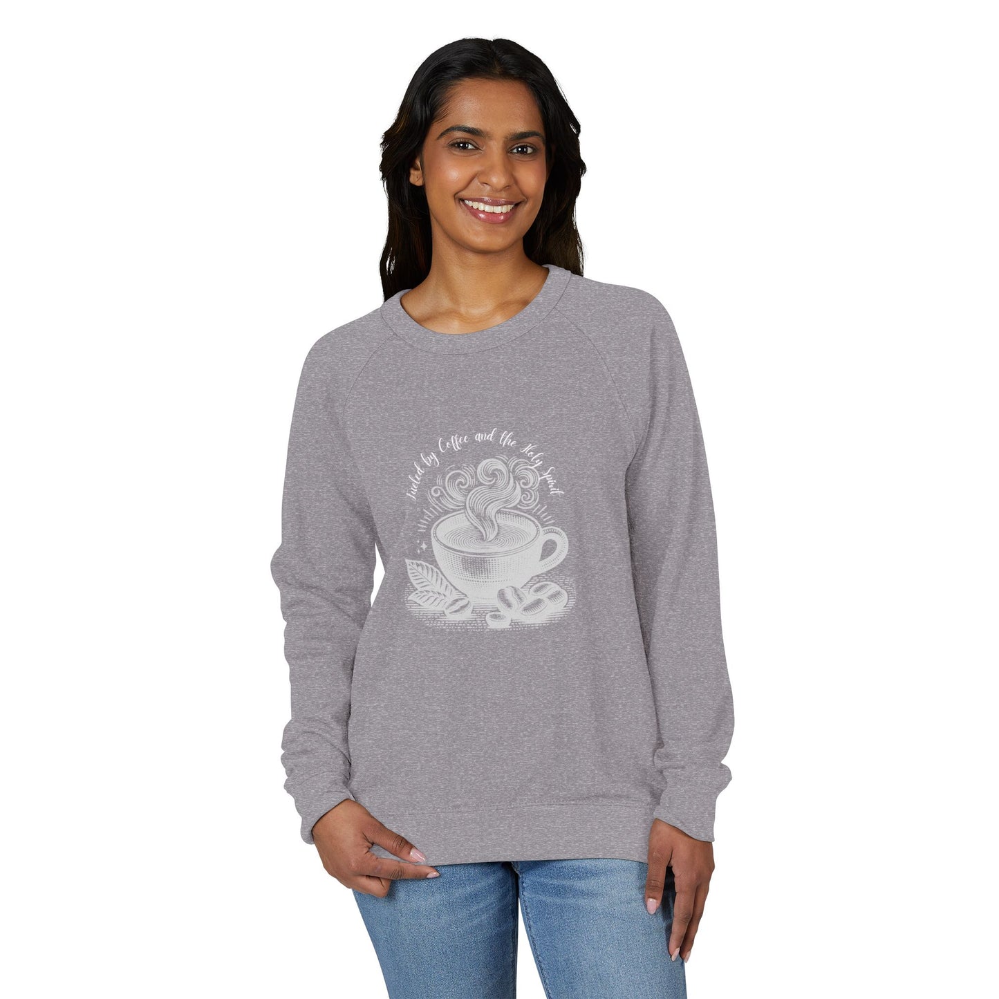 Coffee Lover Crewneck Sweatshirt — “Fueled by Coffee and the Holy Spirit” Graphic Raglan