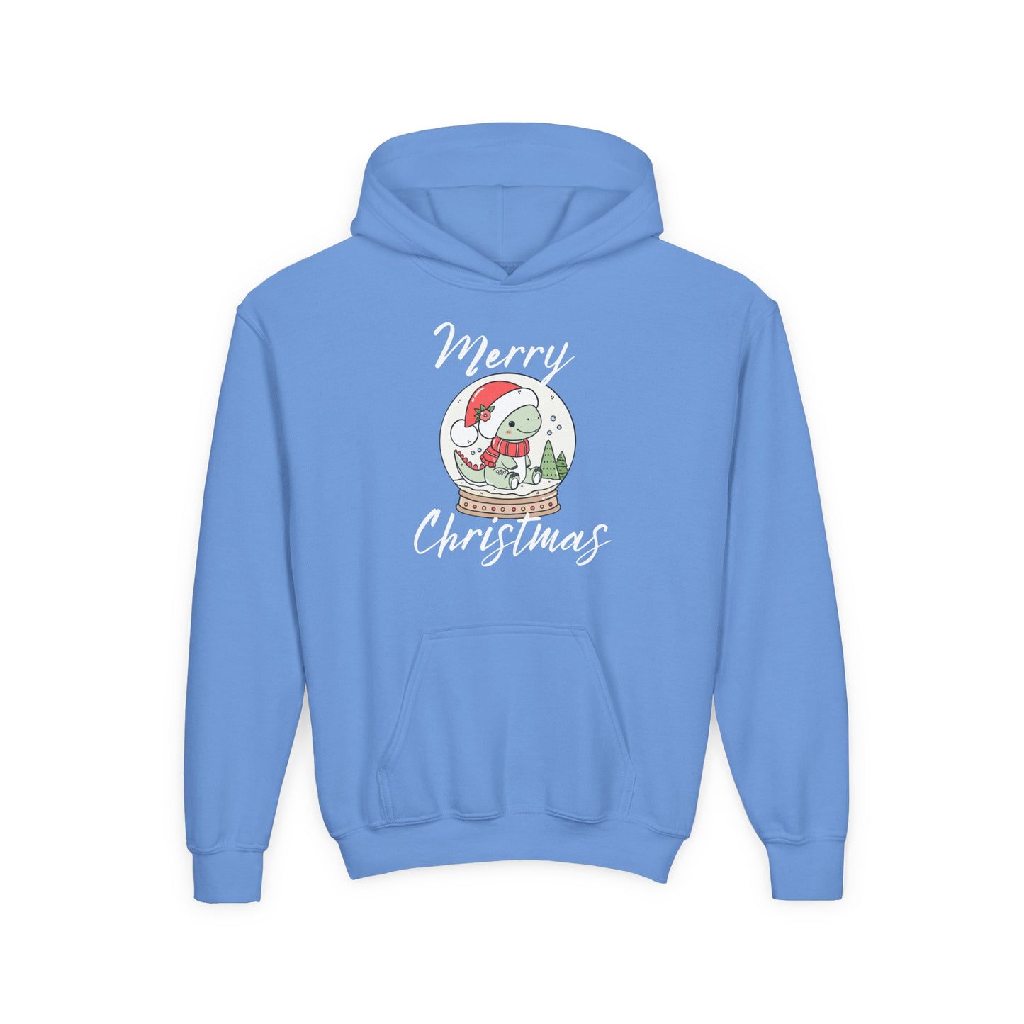 Youth Christmas Hoodie — Merry Christmas Snow Globe Dinosaur Design