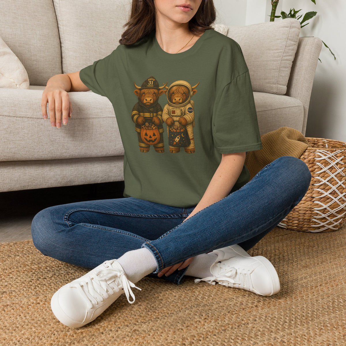 Halloween Highland Cows T‑Shirt — Firefighter & Astronaut Costume Tee