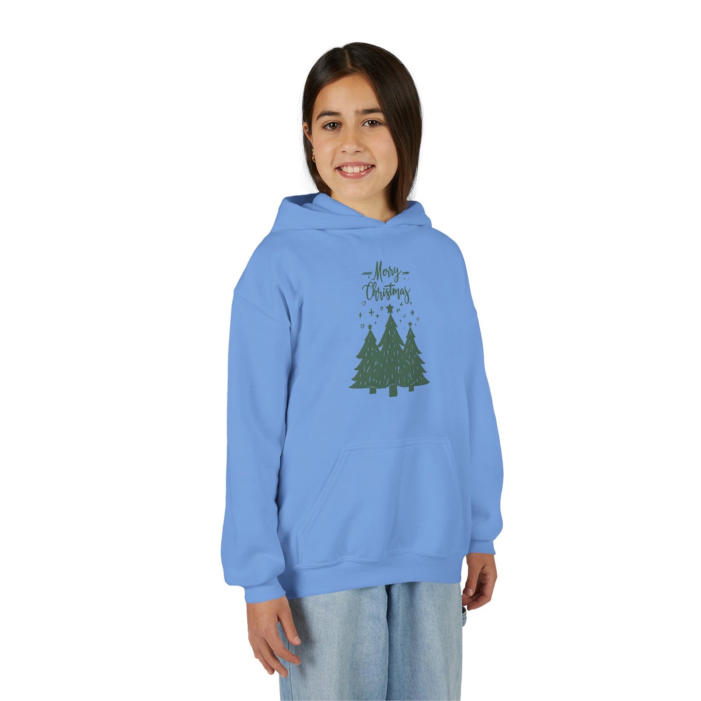 Youth Hoodie — Merry Christmas Green Tree Illustration Unisex