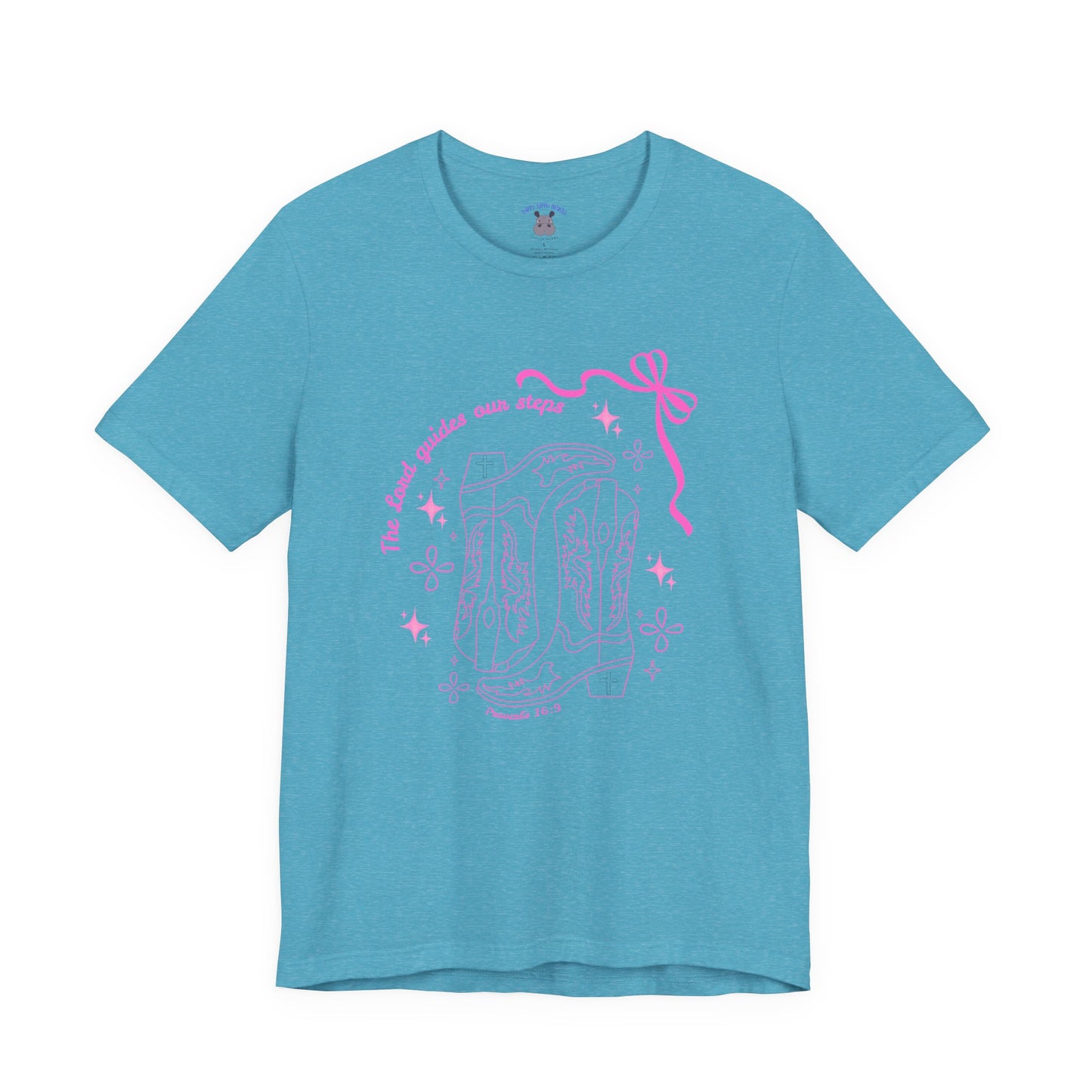Cute Pink Ribbon Cowgirl Boot T-Shirt — "The Lord Guides Our Steps"