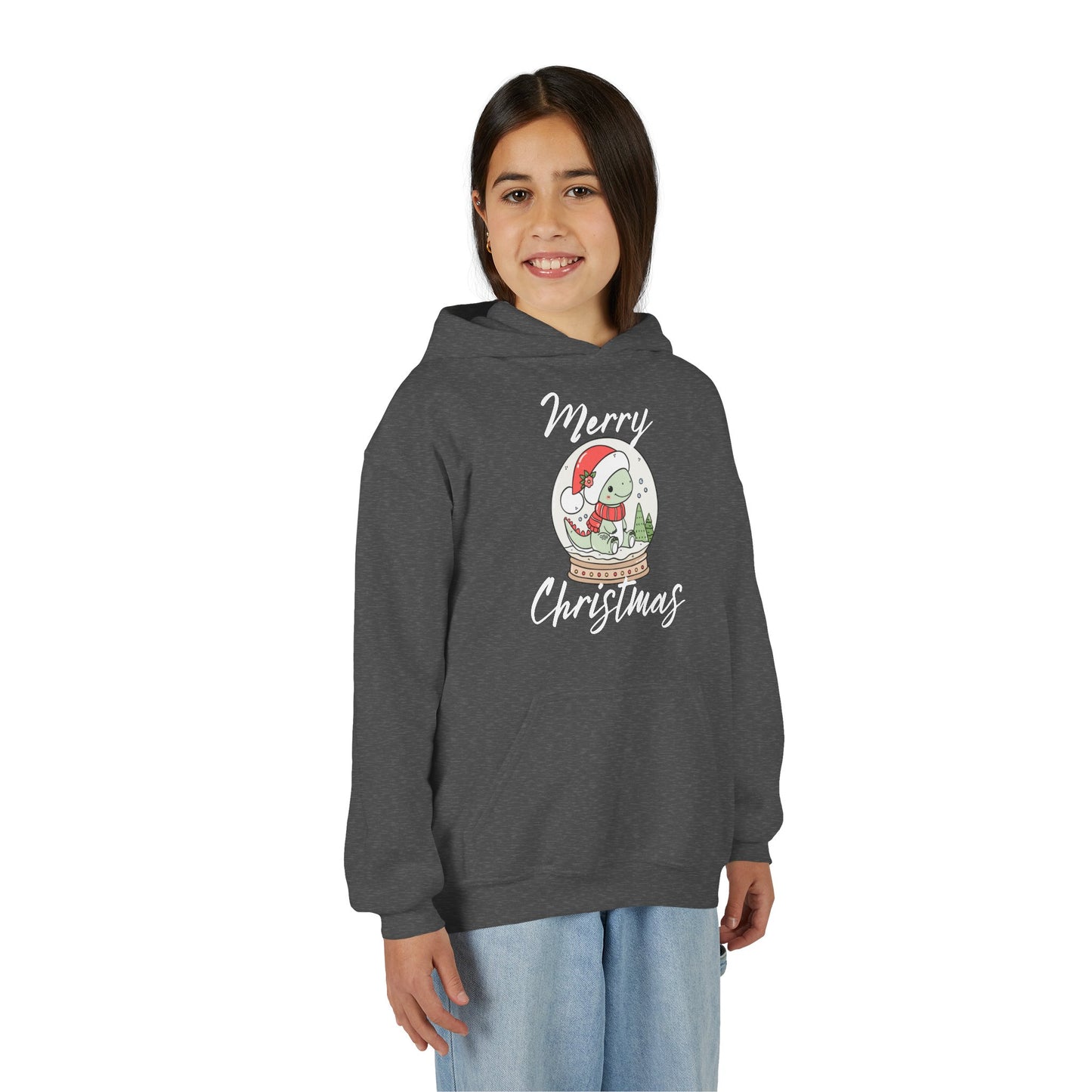 Youth Christmas Hoodie — Merry Christmas Snow Globe Dinosaur Design