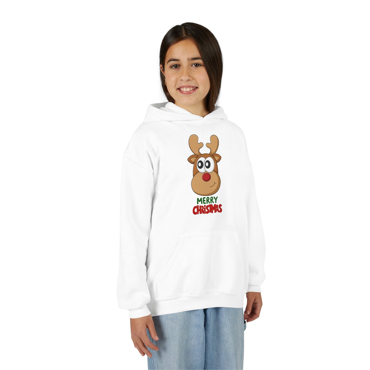 Youth Christmas Reindeer Hoodie - Cute "Merry Christmas" Holiday Pullover