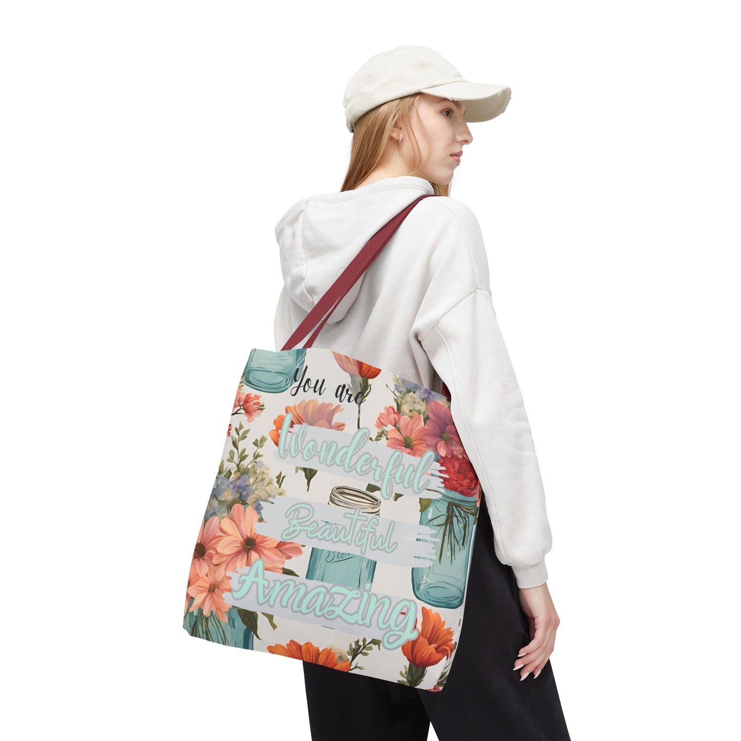 Floral Inspirational Tote Bag - You Are Wonderful, Beautiful, Amazing