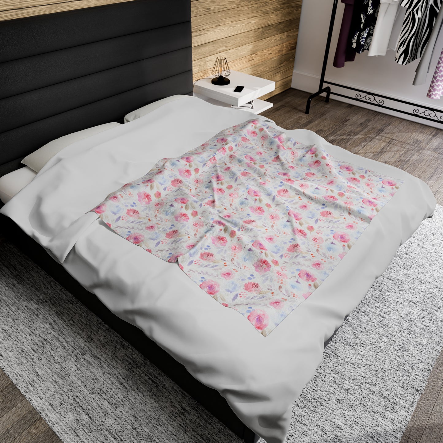 Velveteen Plush Blanket - Pastel Floral Print Cozy Soft Blanket for Girls Room or Nursery