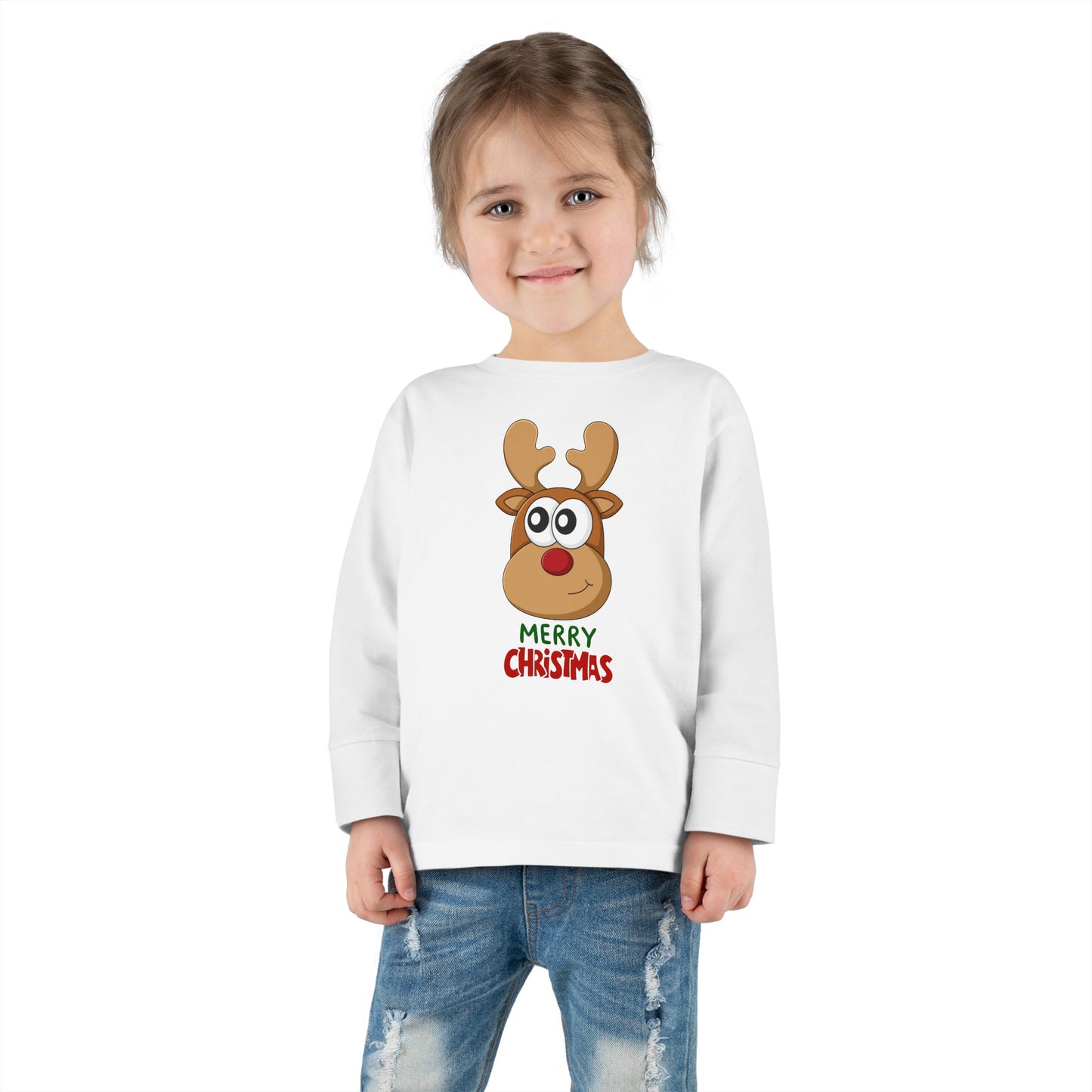 Toddler Long Sleeve Tee — Cute Reindeer "Merry Christmas" Holiday Shirt
