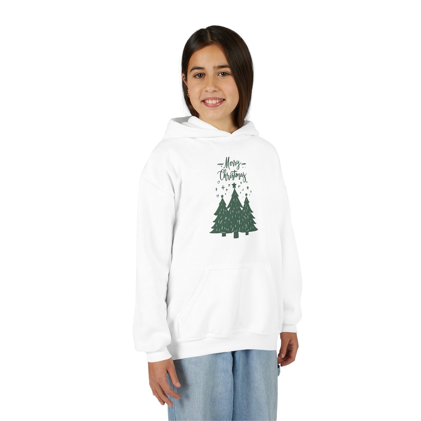 Youth Hoodie — Merry Christmas Green Tree Illustration Unisex