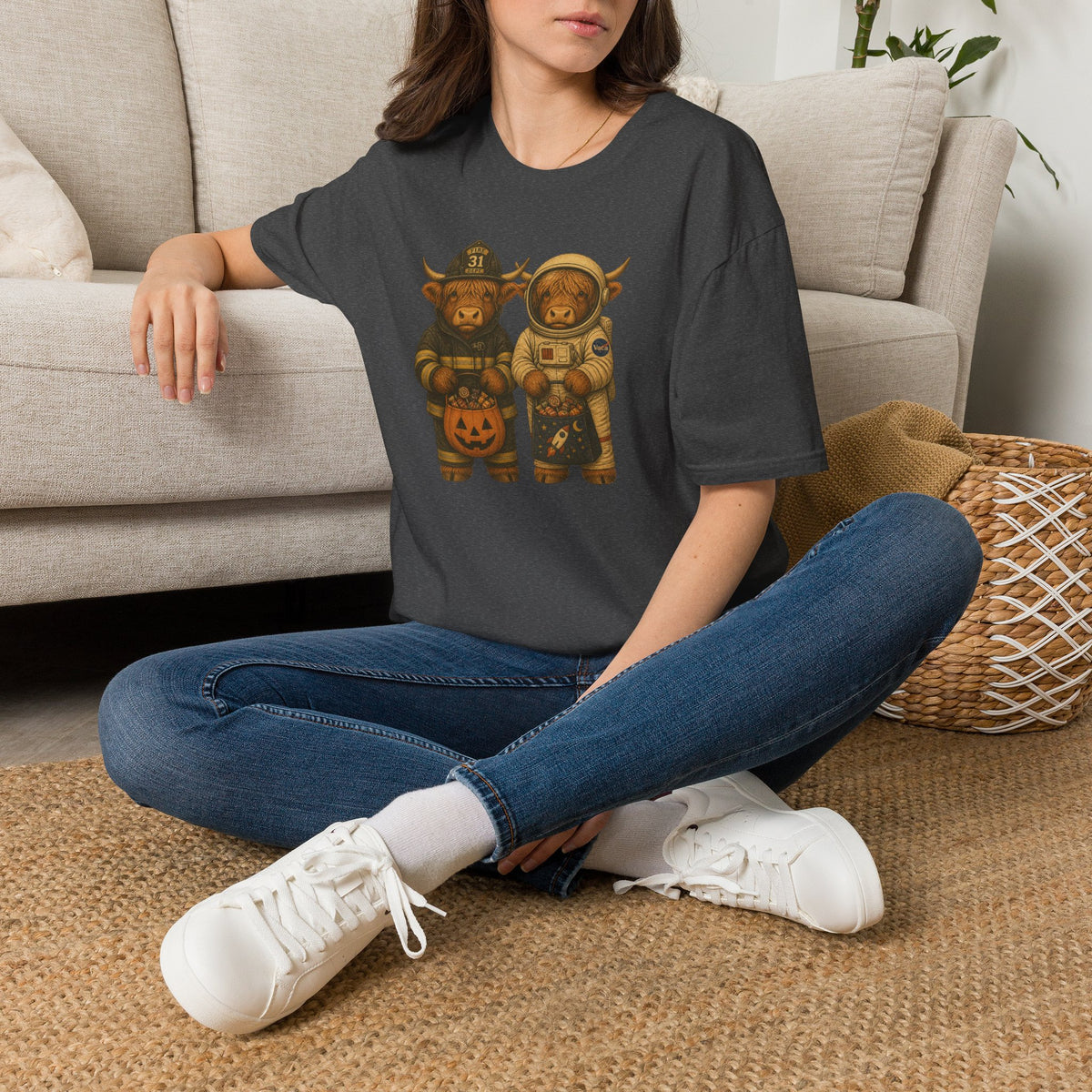 Halloween Highland Cows T‑Shirt — Firefighter & Astronaut Costume Tee