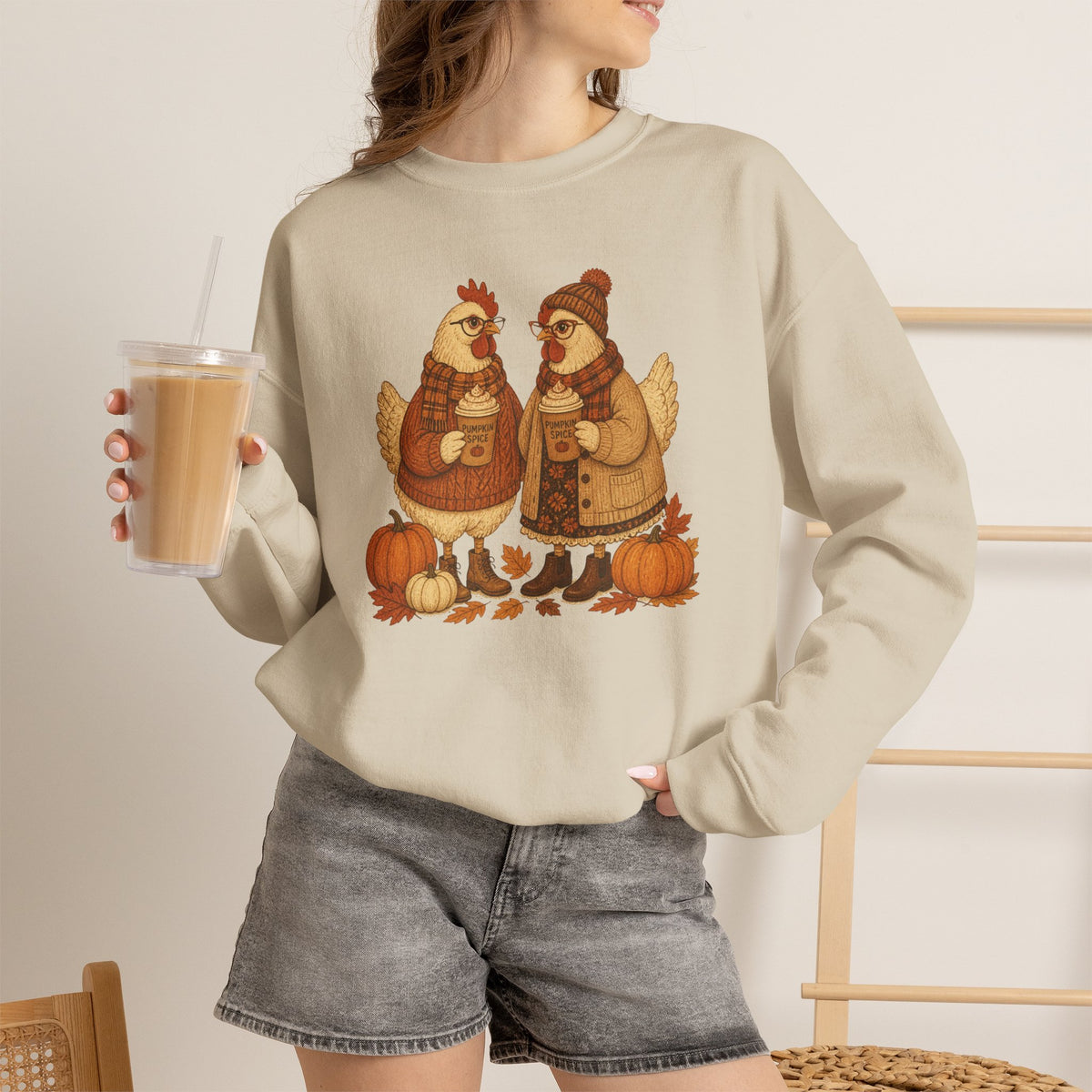 Autumn Chickens Crewneck Sweatshirt — Cozy Fall Pumpkin & Leaves Design