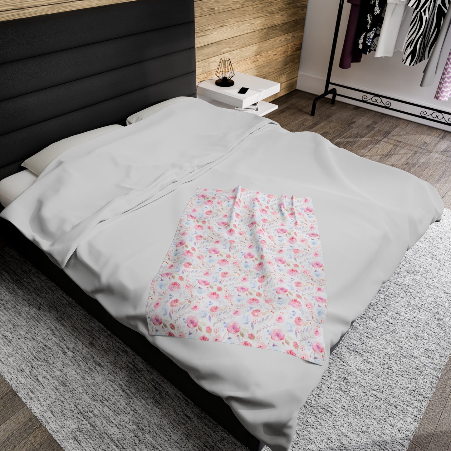 Velveteen Plush Blanket - Pastel Floral Print Cozy Soft Blanket for Girls Room or Nursery
