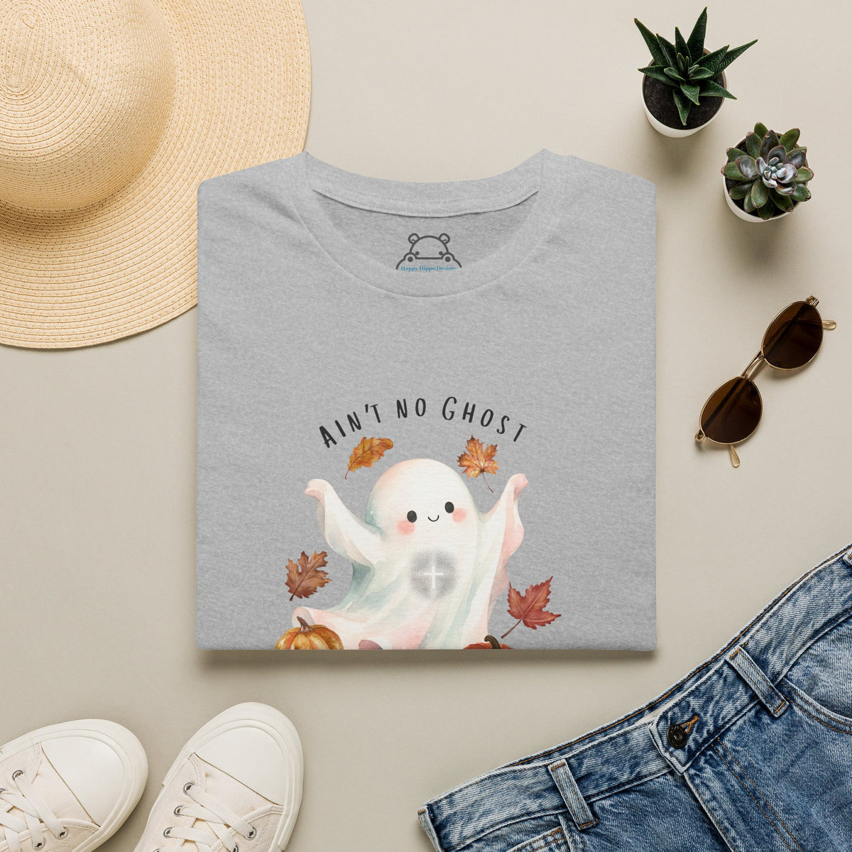 Cute 'Ain't No Ghost like the Holy Ghost' Ghost Graphic T-Shirt — Autumn Pumpkin & Leaves Tee