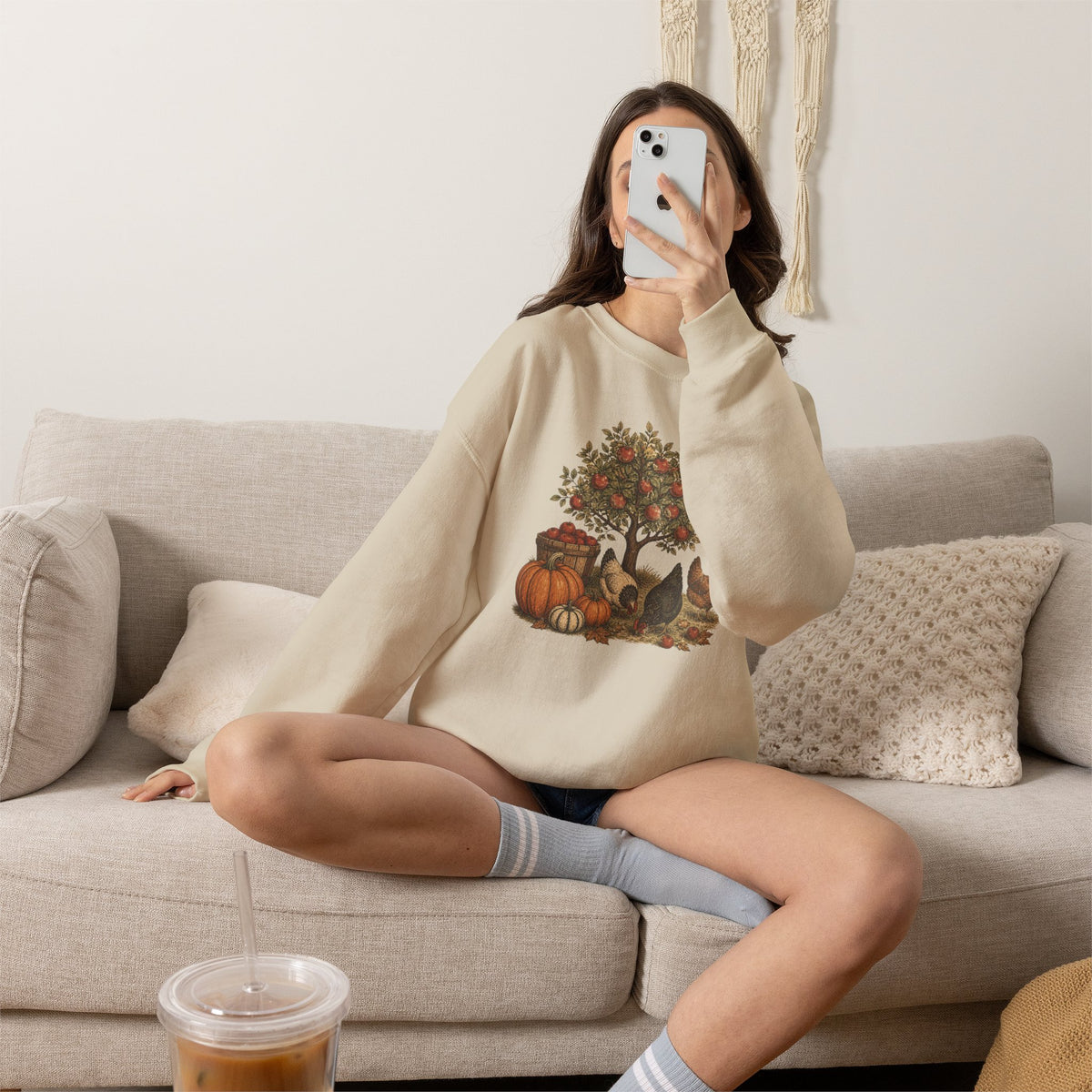 Fall Harvest Crewneck Sweatshirt — Pumpkin & Chicken Autumn Graphic