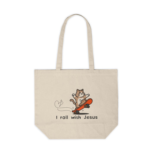 Canvas Tote Bag - Skateboarding Cat 'I Roll with Jesus'