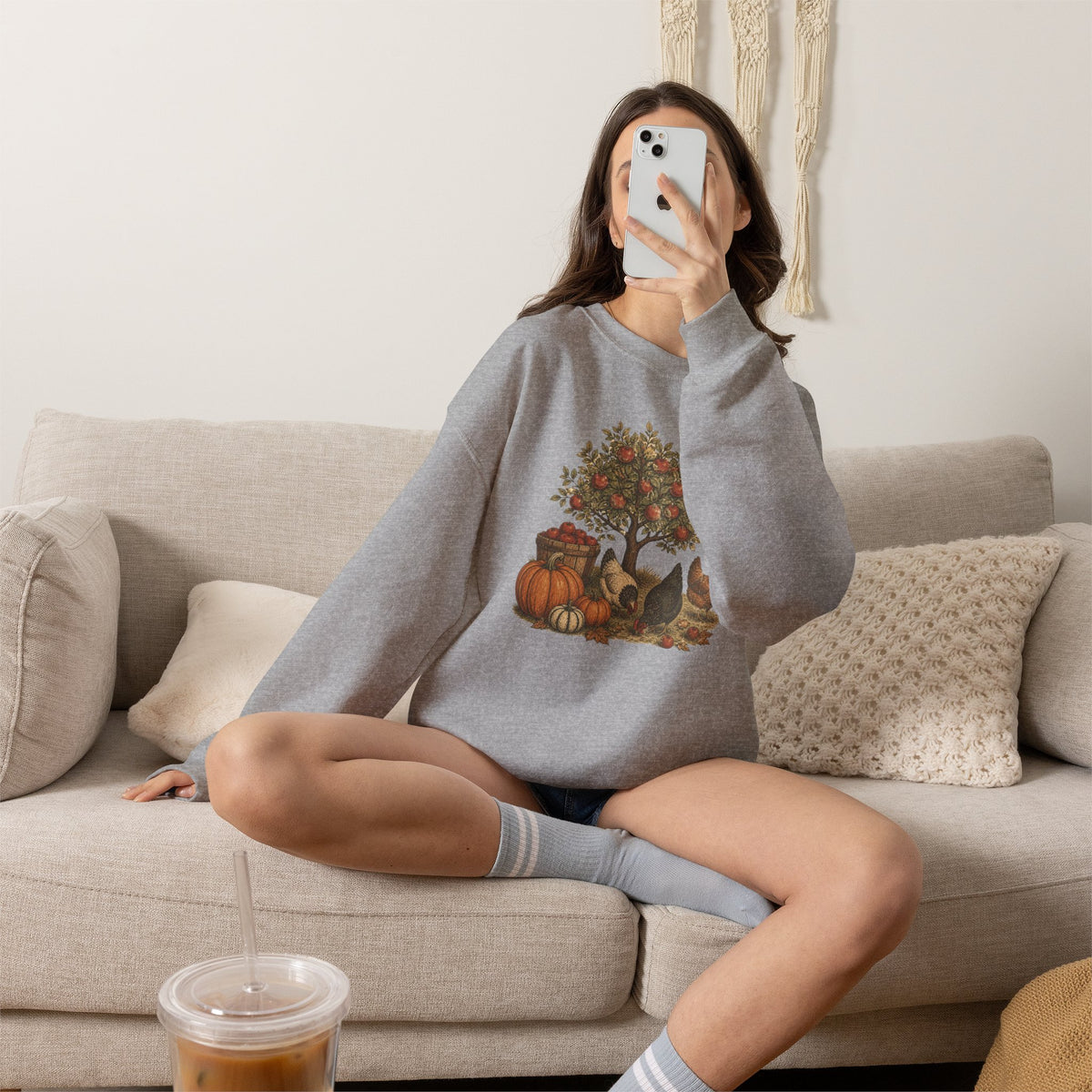 Fall Harvest Crewneck Sweatshirt — Pumpkin & Chicken Autumn Graphic
