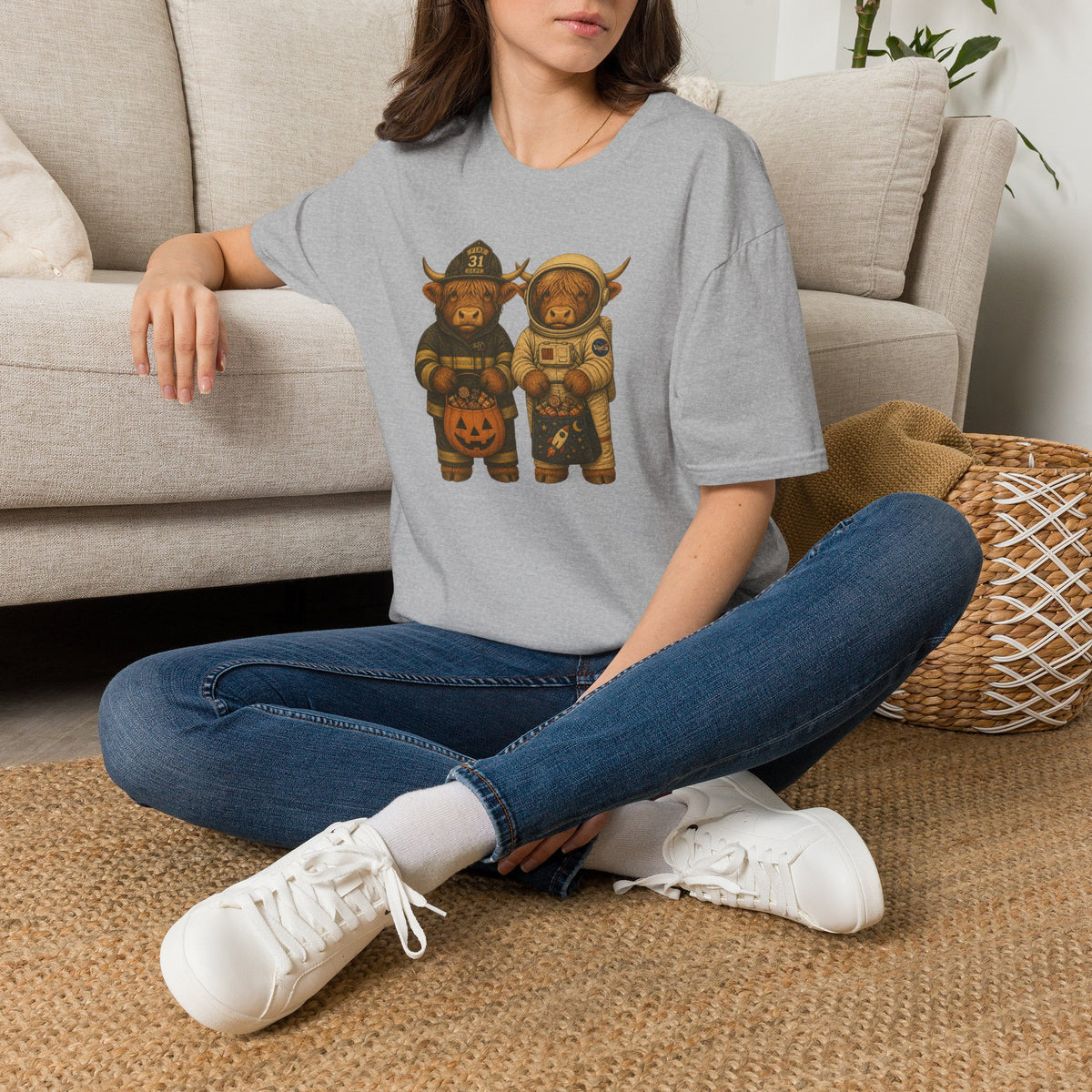 Halloween Highland Cows T‑Shirt — Firefighter & Astronaut Costume Tee