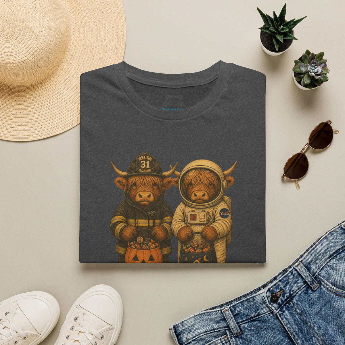 Halloween Highland Cows T‑Shirt — Firefighter & Astronaut Costume Tee