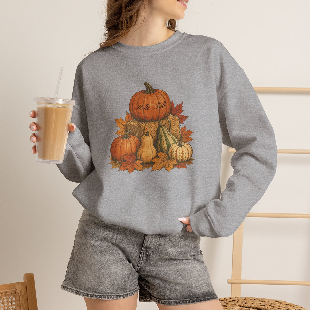 Pumpkin Patch Fall Sweatshirt – Autumn Pumpkins & Leaves Crewneck