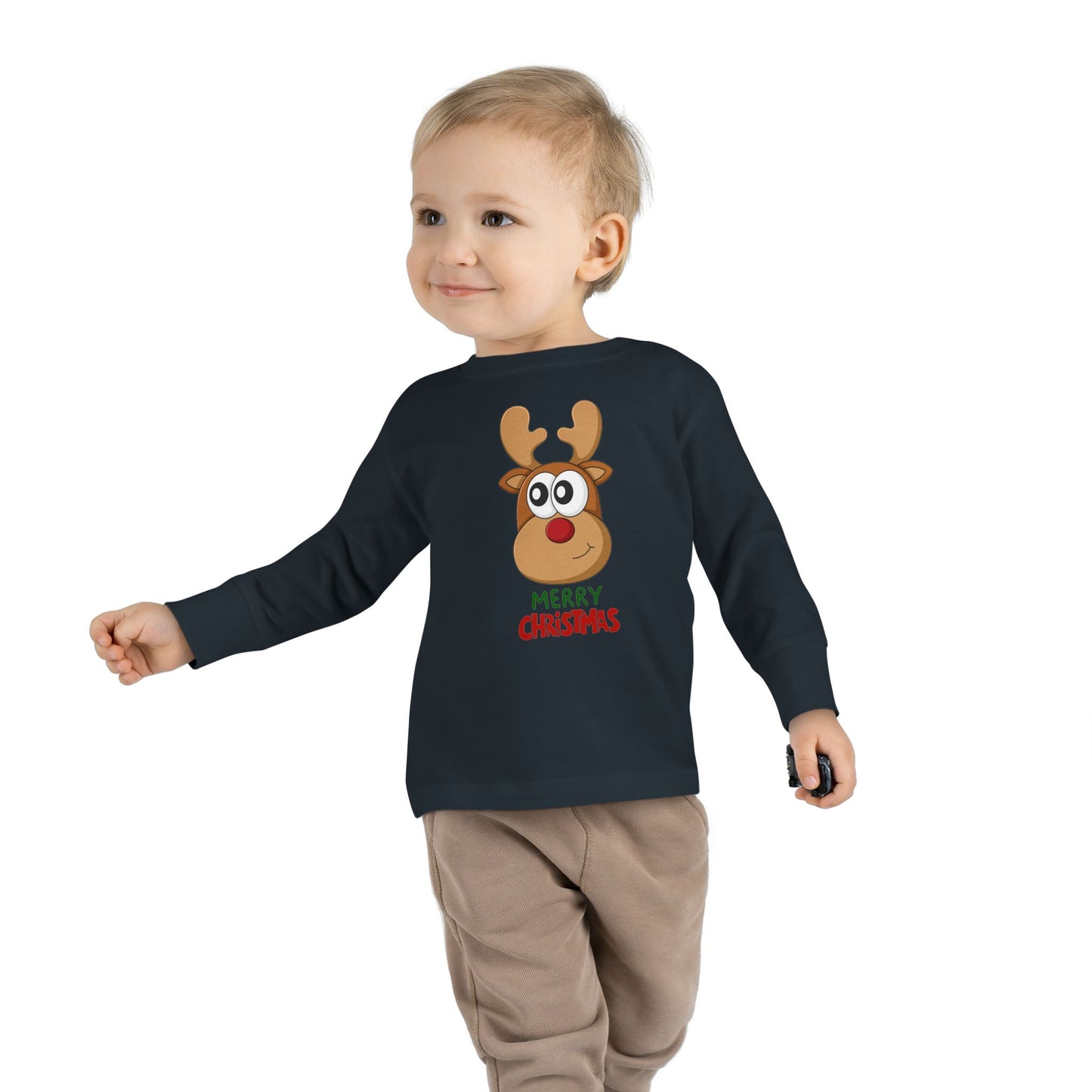 Toddler Long Sleeve Tee — Cute Reindeer "Merry Christmas" Holiday Shirt