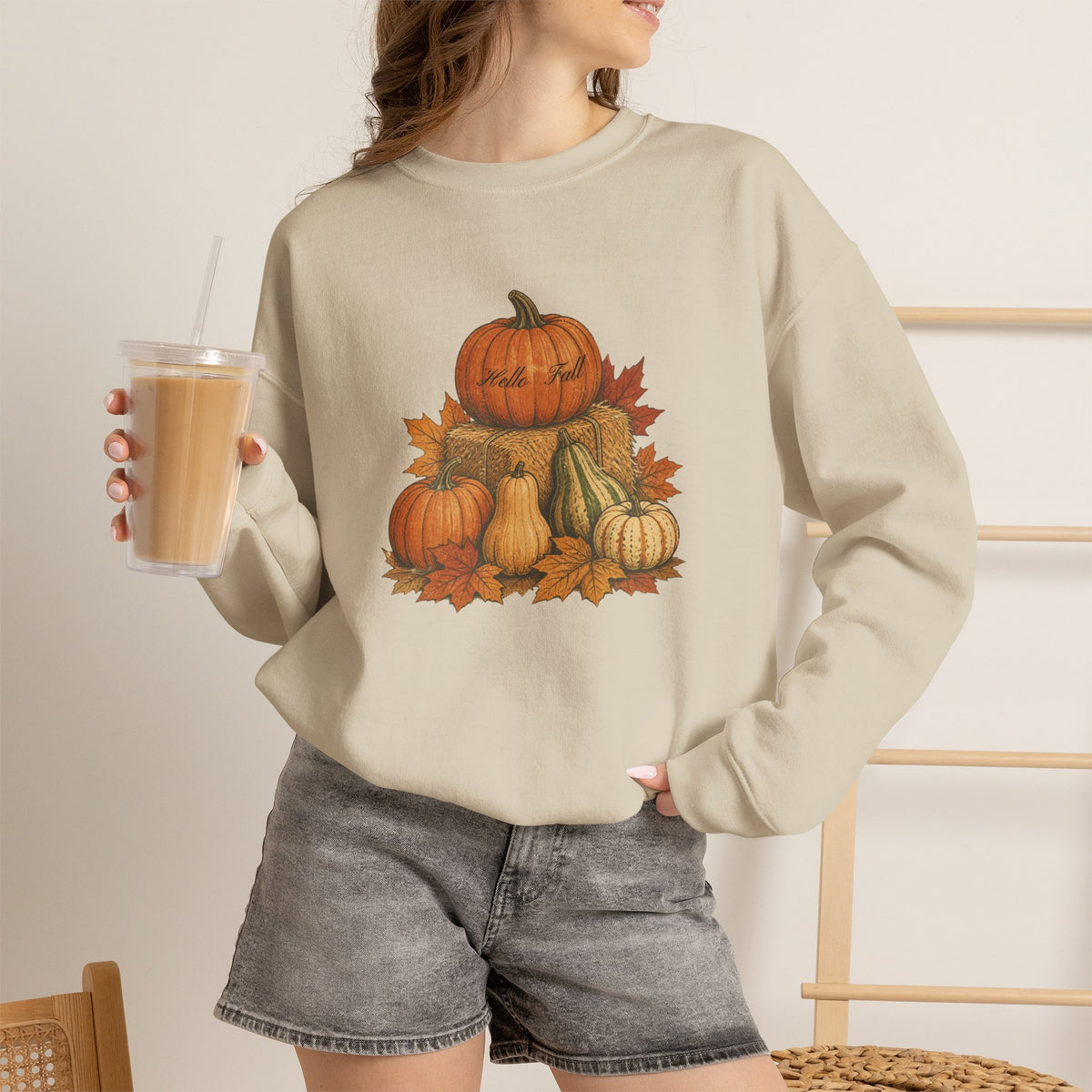 Pumpkin Patch Fall Sweatshirt – Autumn Pumpkins & Leaves Crewneck