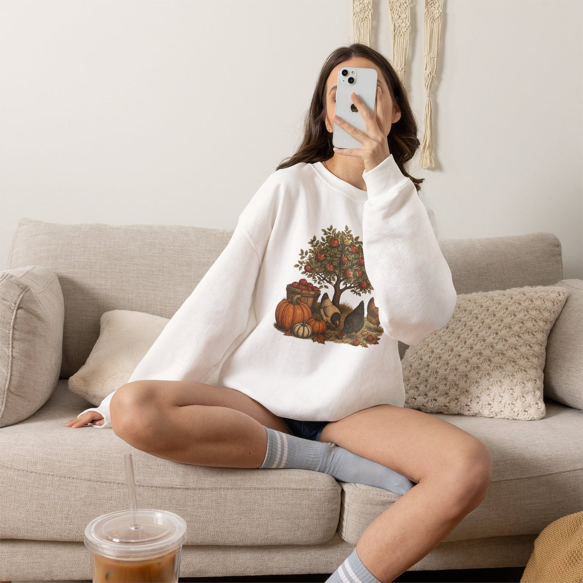 Fall Harvest Crewneck Sweatshirt — Pumpkin & Chicken Autumn Graphic