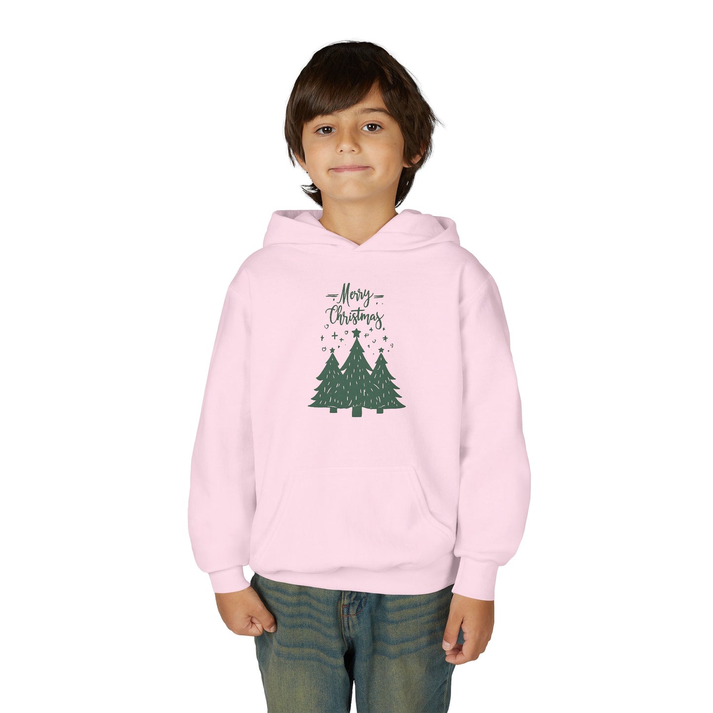 Youth Hoodie — Merry Christmas Green Tree Illustration Unisex