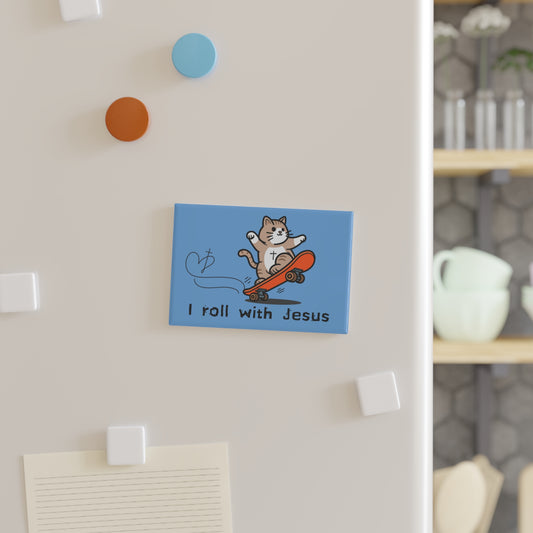 Fridge Magnet - Skateboarding Cat 'I Roll with Jesus'