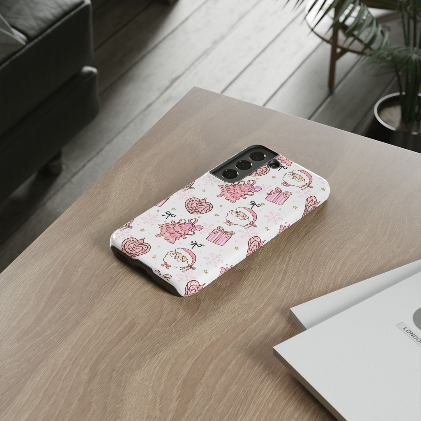 Christmas Pink Pattern Phone Case - Cute Santa, Tree & Gift Protective Cover