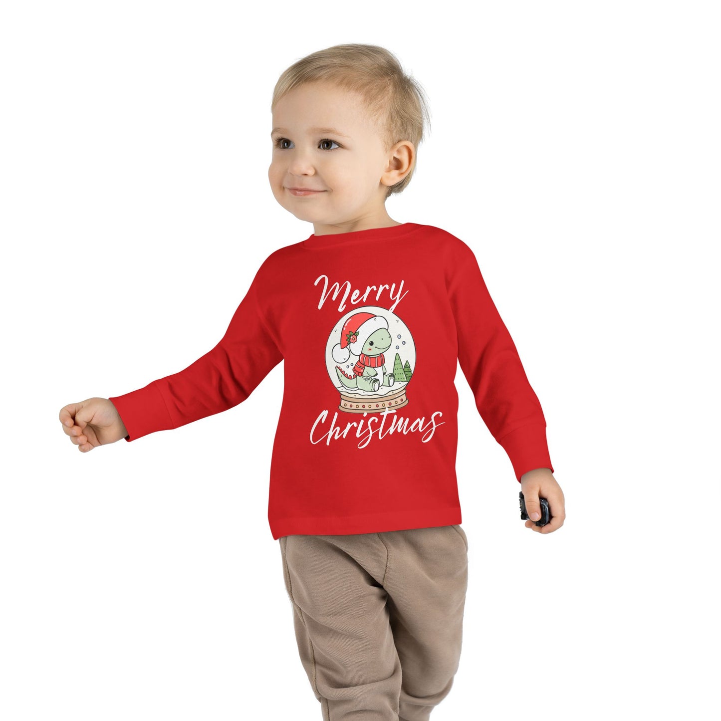 Toddler Tee — Cute Dinosaur in Santa Hat Snow Globe Christmas Shirt