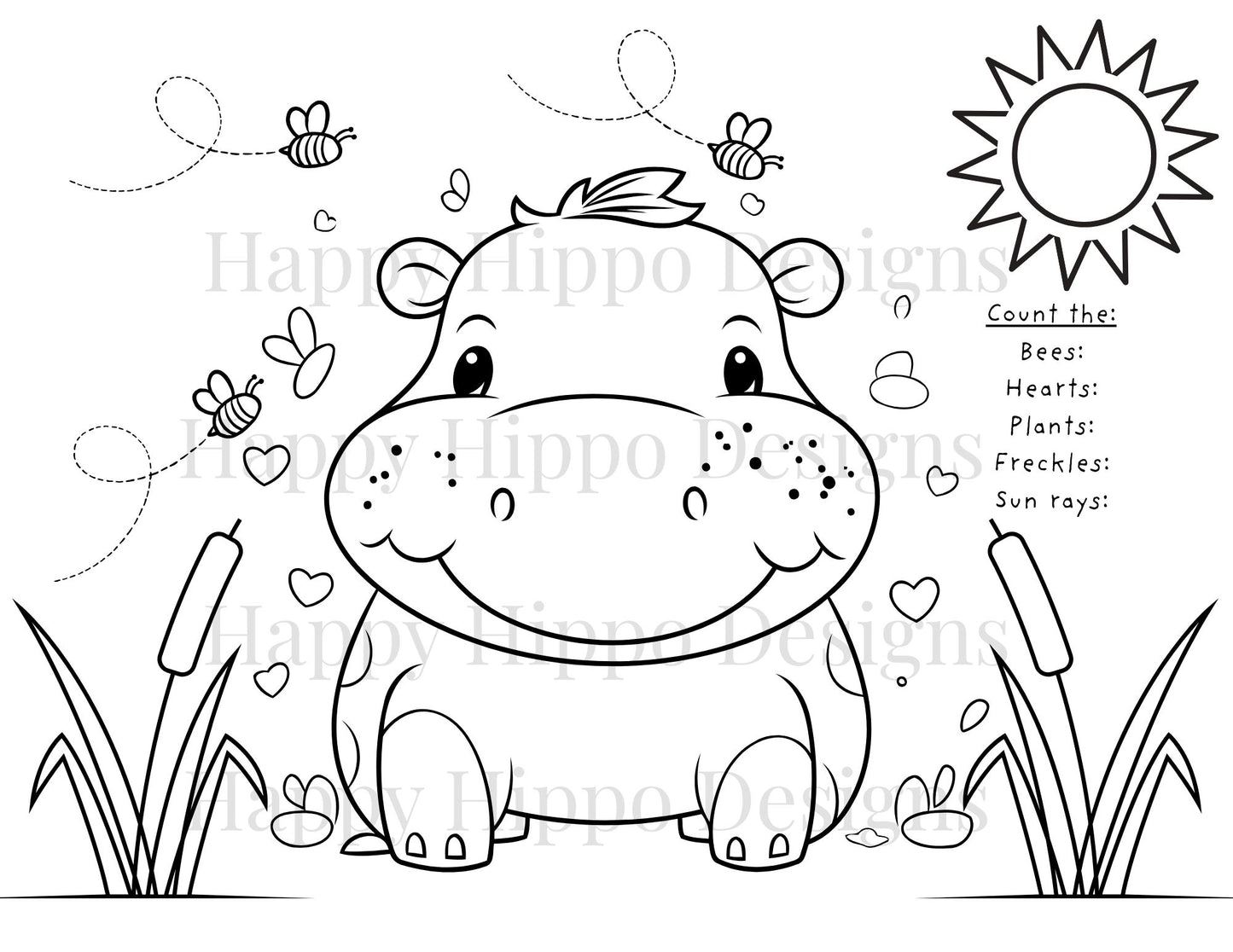 Happy Hippo Calf Coloring and Activity page- digital download