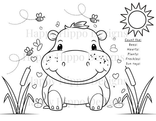 Happy Hippo Calf Coloring and Activity page- digital download