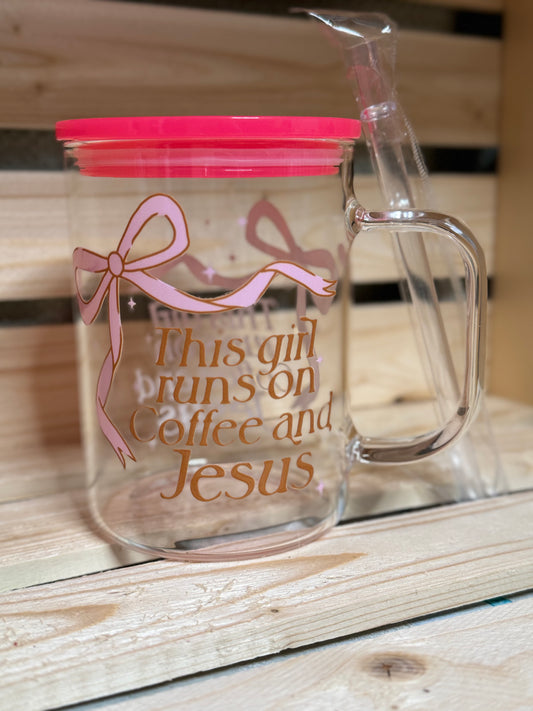 16oz glass mug "Coffee and Jesus"