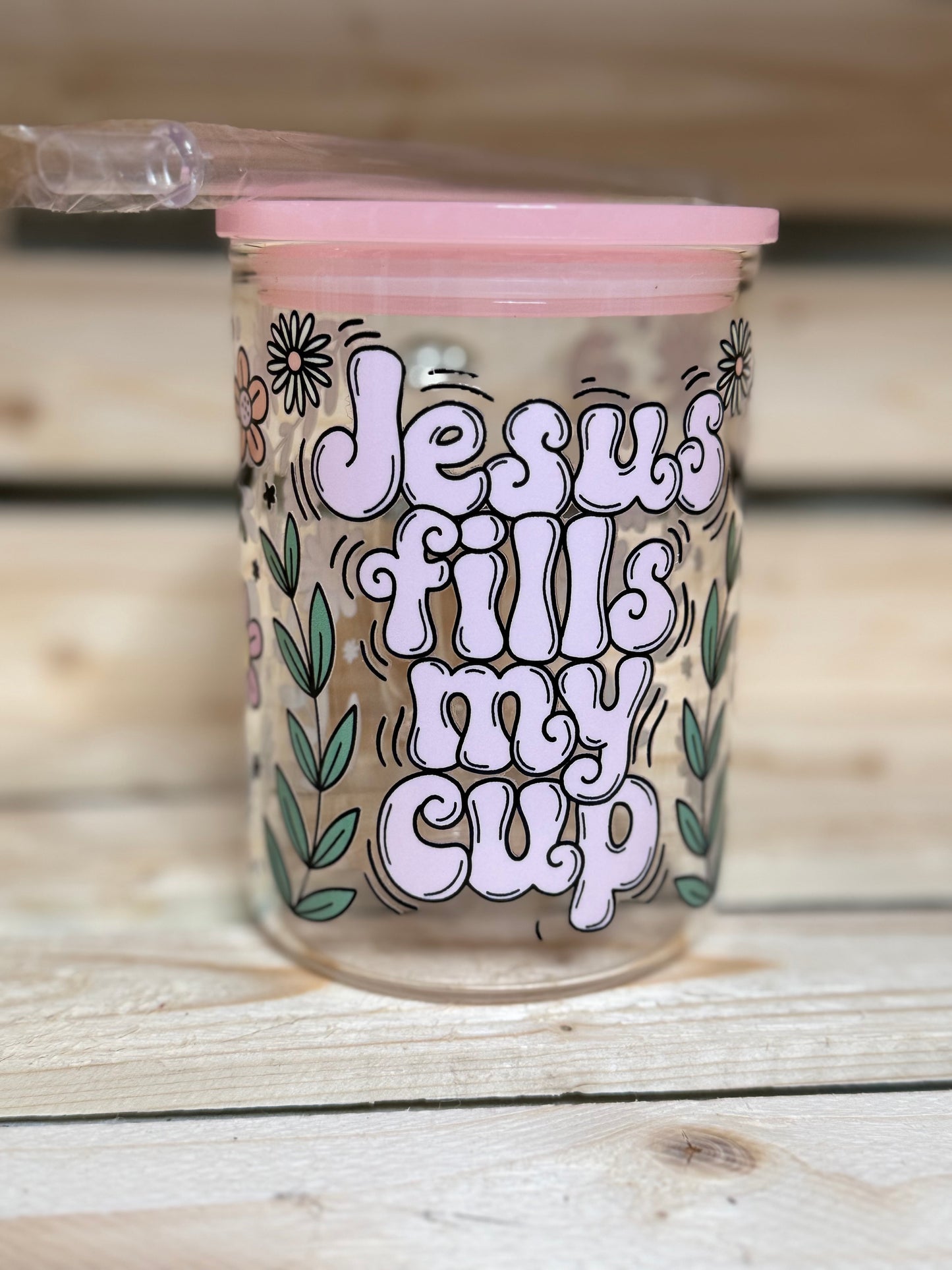 16oz Glass mug "Jesus fills my cup"