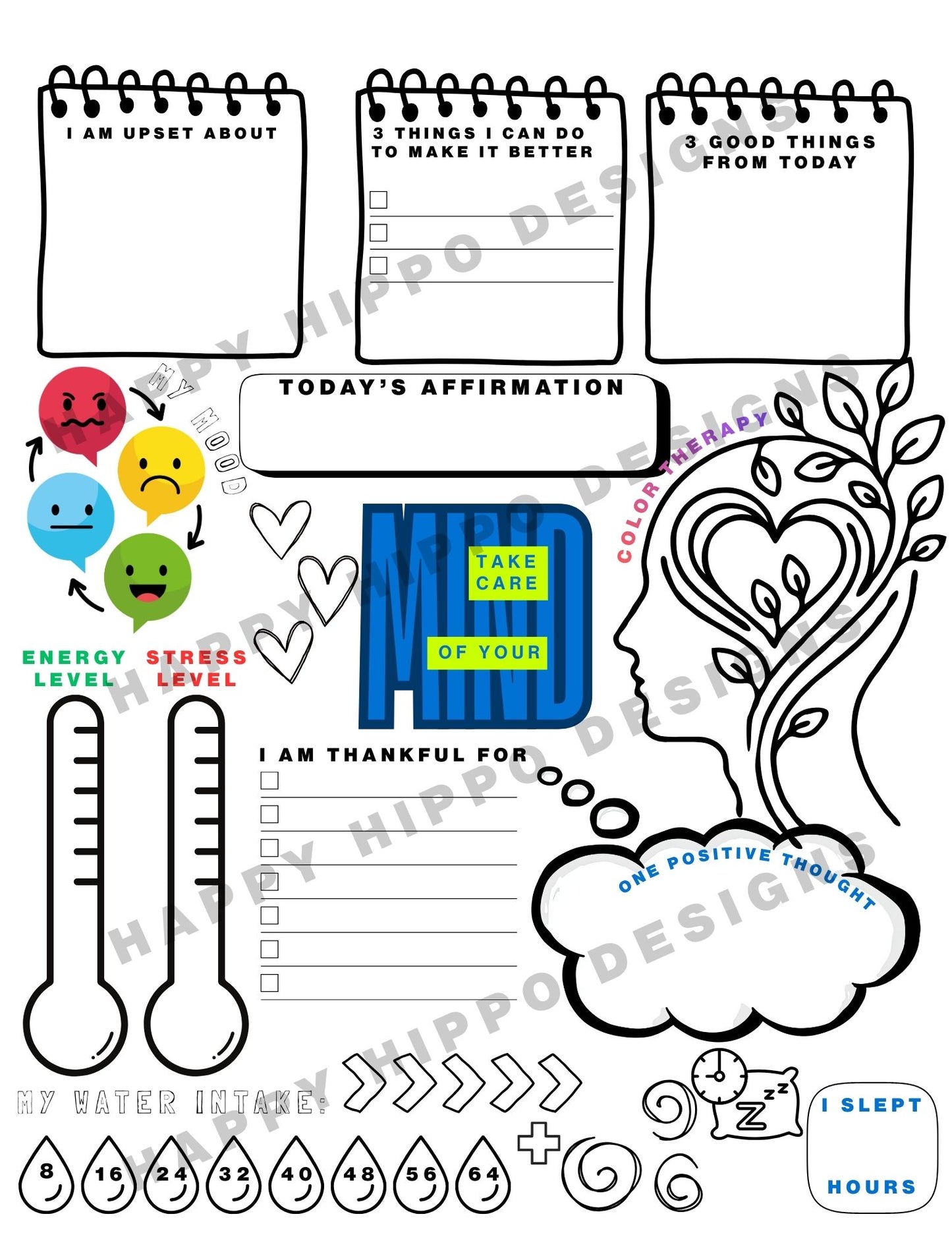 Mental Health Check Coloring and Journal page- digital download