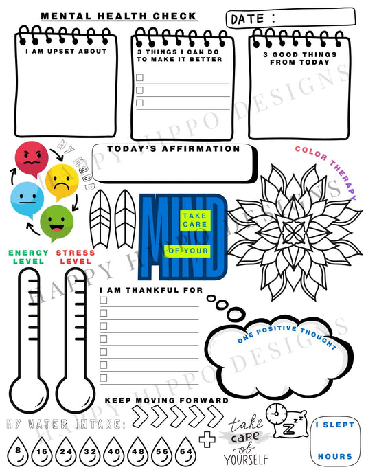 Mental Health Check Coloring and journal page- digital download