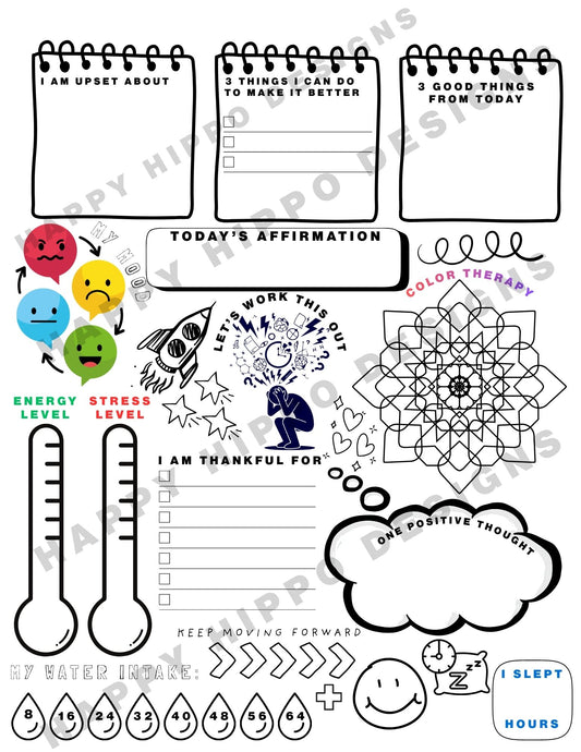 Mental Health Check in coloring and journal page-digital download
