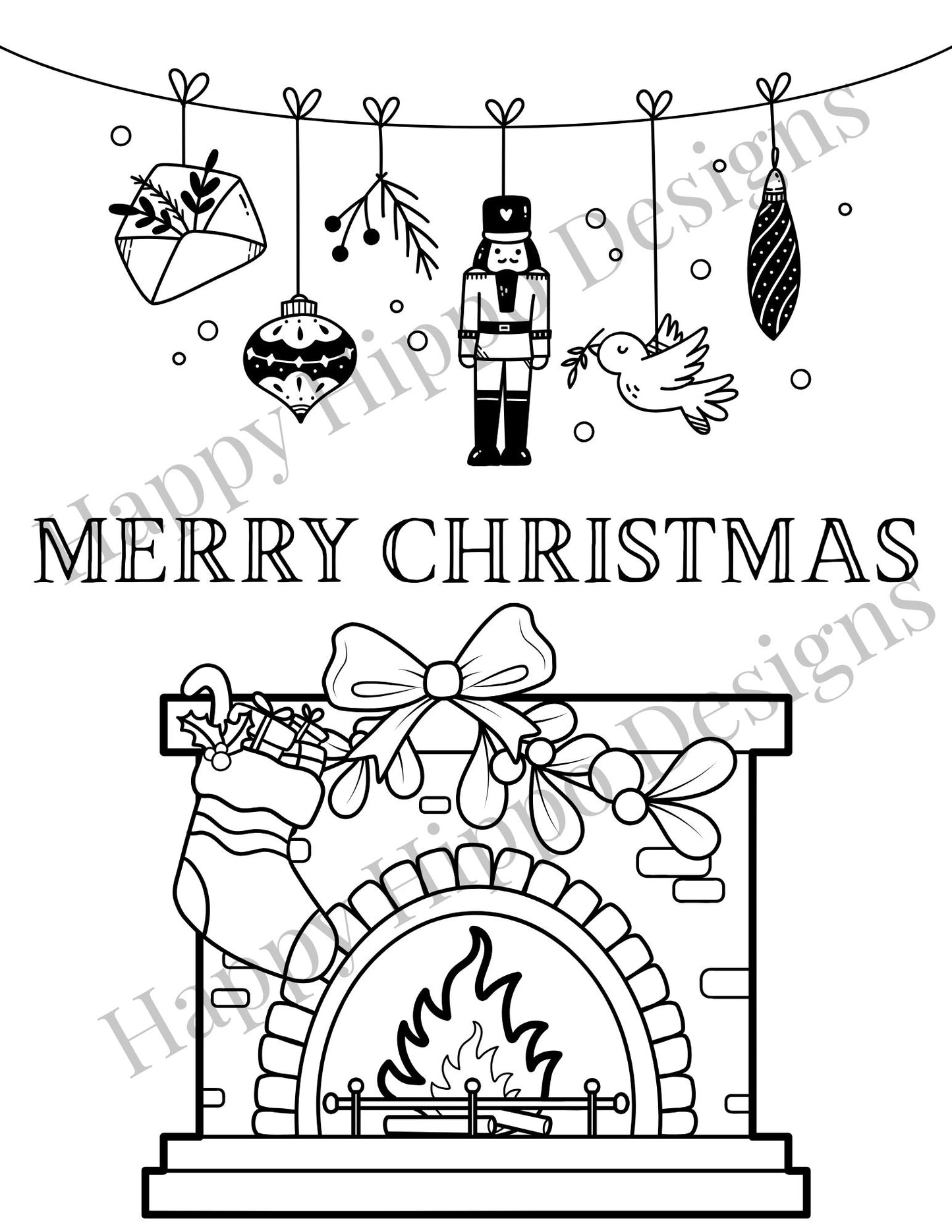 Christmas Fireplace Coloring page- digital download