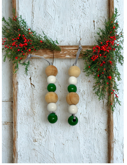 Set of 2 natural, green and white beaded ornament