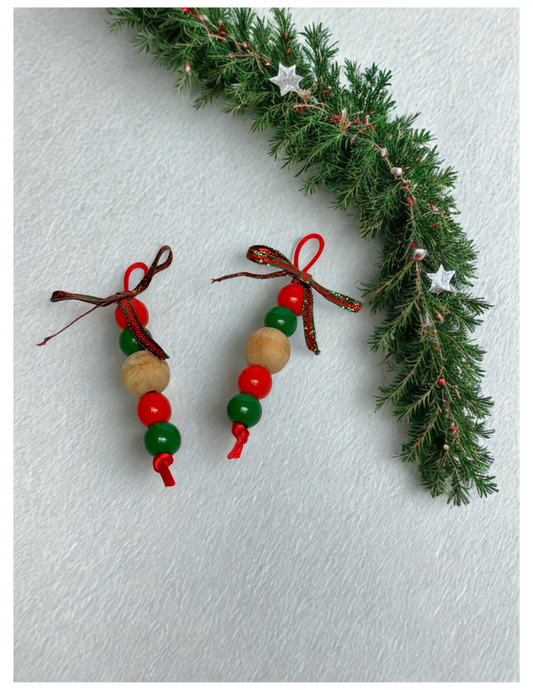 Set of 2 red, green and natural beaded ornament
