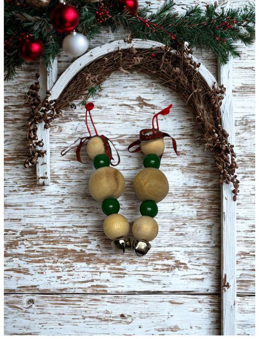 Set of 2 Beaded ornament, natural wood and green